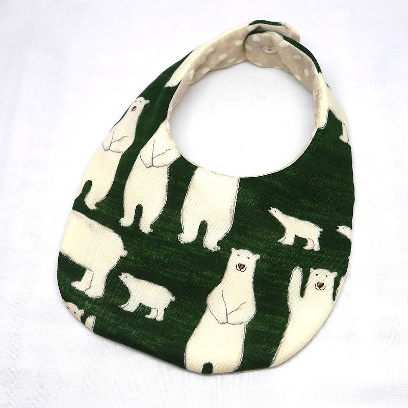 Japanese Handmade 4-layer-double gauze Baby Bib /white bear dark green - Bibs - Cotton & Hemp Green