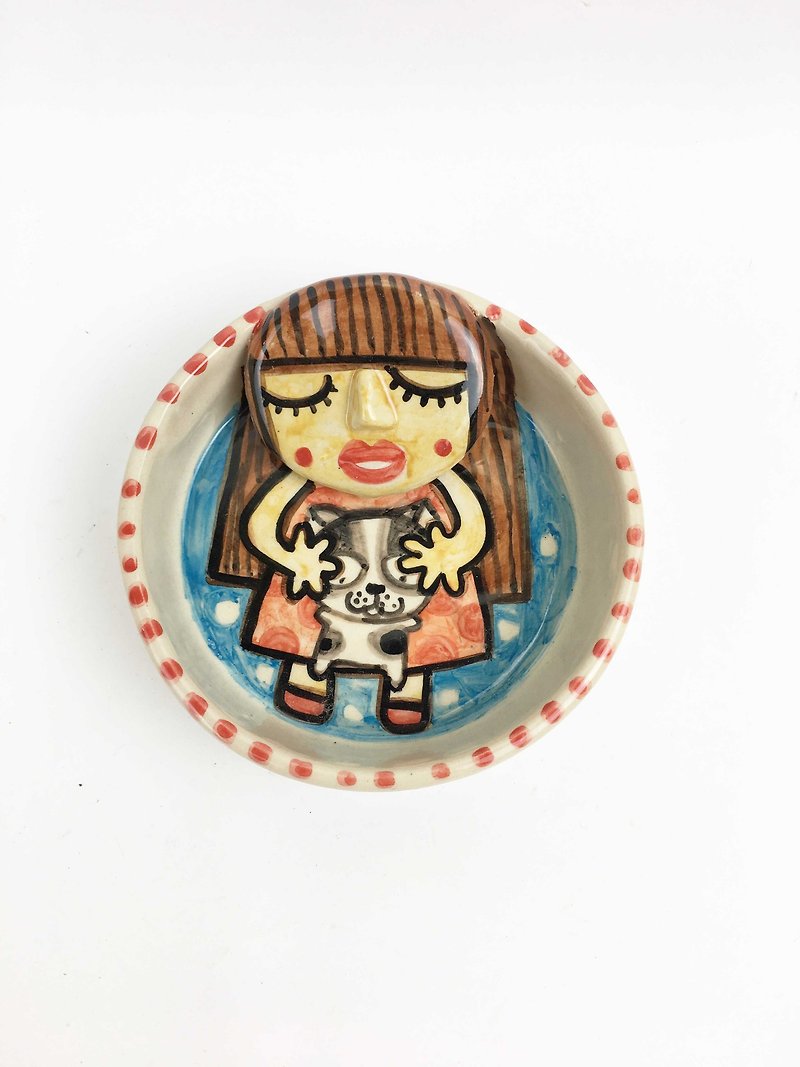 Nice Little Clay Handmade Stereo Disc_Girl and Flower Cat 0308-10 - Small Plates & Saucers - Pottery Blue