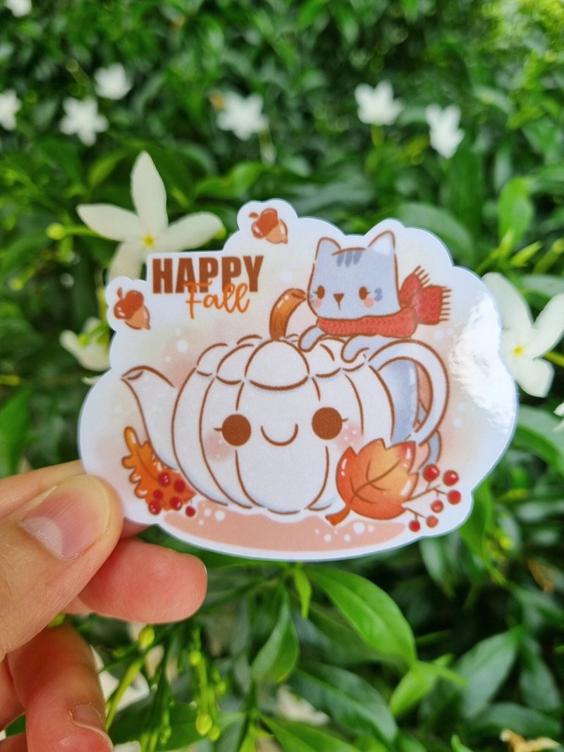 Happy fall a gray cat with pumpkin teapot. Die-cut stickers. - Stickers - Plastic Orange