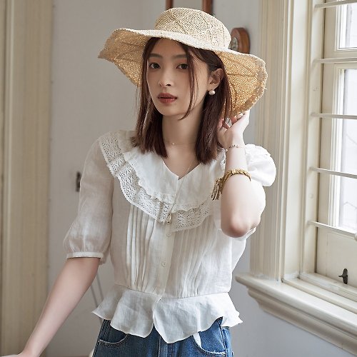 Sora 大花邊領苧麻襯衫|襯衫|春夏款|Sora-1473