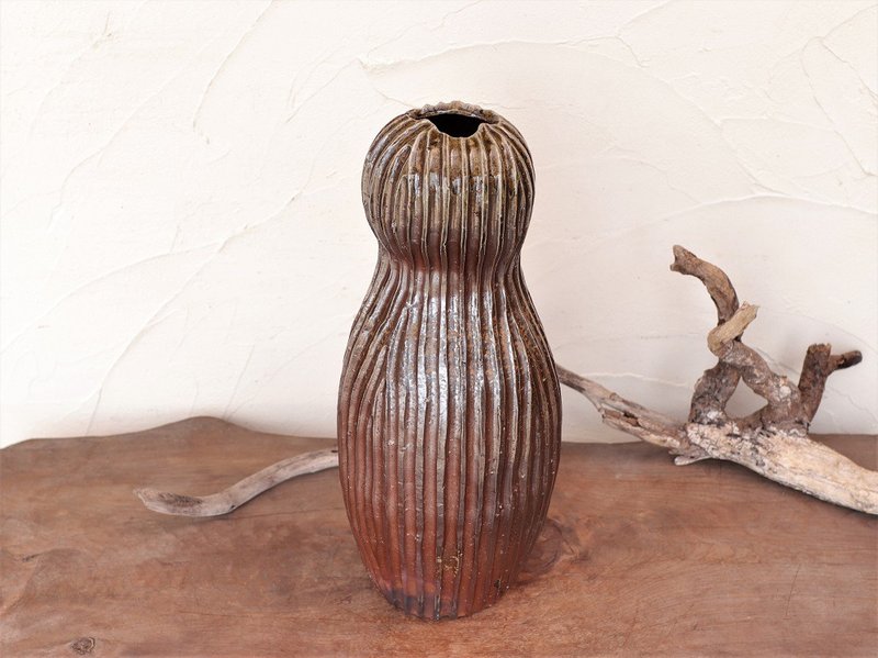 備前燒手工大花瓶 : 鎬紋手捏成形 (35cm) h3-112 - 花瓶 - 陶 咖啡色