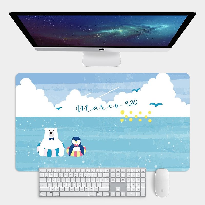 Customized Text Bear and Penguin Large Size Mouse Pad Placemat Desk Mat PU050 - แผ่นรองเมาส์ - ยาง สีน้ำเงิน