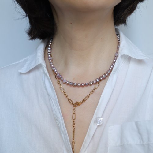 Wanju Pearl 宛茱珍珠飾品 復古金巴洛克 鈦鋼珍珠項鍊 天然淡水珍珠 項鍊手鍊套組 雙層疊帶