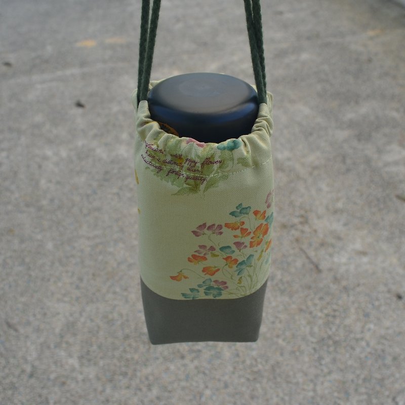 花語束口環保杯袋 飲料提袋 保溫瓶提袋 手作 帆布 方便 - 杯袋/飲料提袋 - 棉．麻 綠色