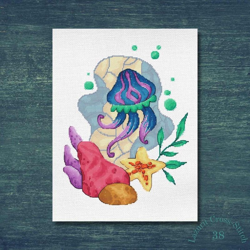 Blue jellyfish cross stitch pattern - 其他數位商品 - 其他材質 