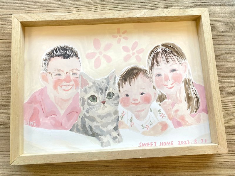 Customized watercolor family portrait of four people/framed - ภาพวาดบุคคล - กระดาษ 