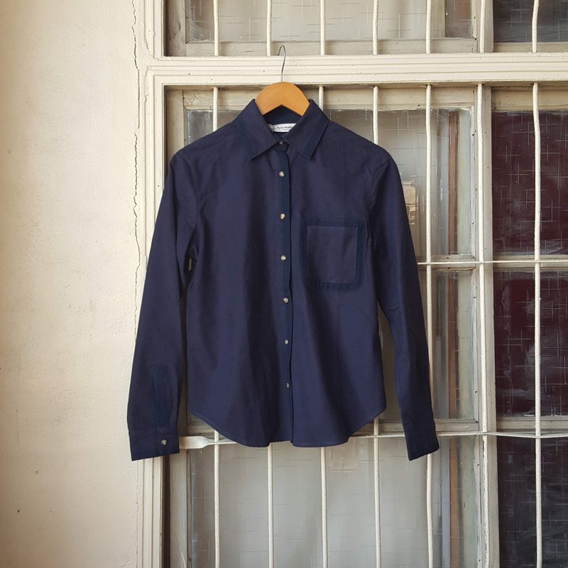 [Cotton Bristles] Vintage Jacquard Design Shirt - Navy Blue - Women's Shirts - Cotton & Hemp Blue