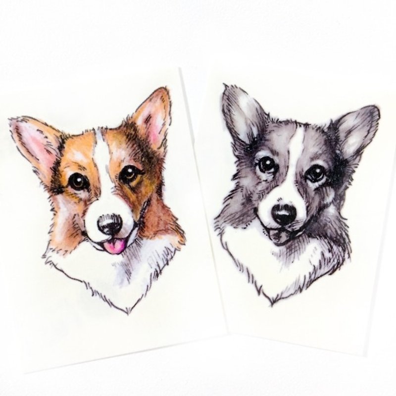 Corgi Small dog puppy Doggie Color Fake Watercolor Mini Temporary Tattoo Sticker - สติ๊กเกอร์แทททู - กระดาษ หลากหลายสี
