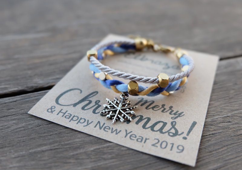 Double layer blue gold light gray rope bracelet with snowflake charm - สร้อยข้อมือ - วัสดุอื่นๆ สีน้ำเงิน