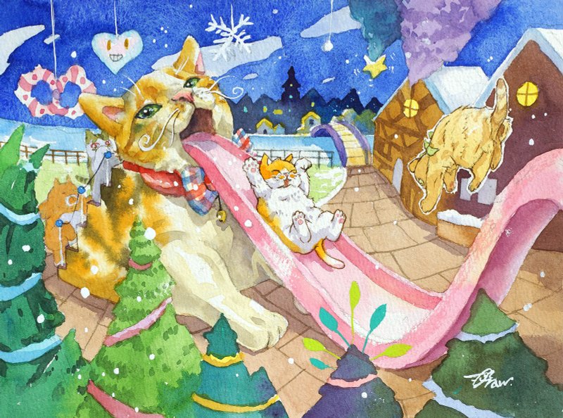 Original watercolor painting [Kitten's Travels - Games in Christmas Town] - โปสเตอร์ - กระดาษ หลากหลายสี