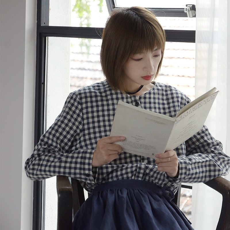 藍白格襯衣|襯衫|亞麻|獨立品牌|Sora-165 - 女襯衫 - 棉．麻 