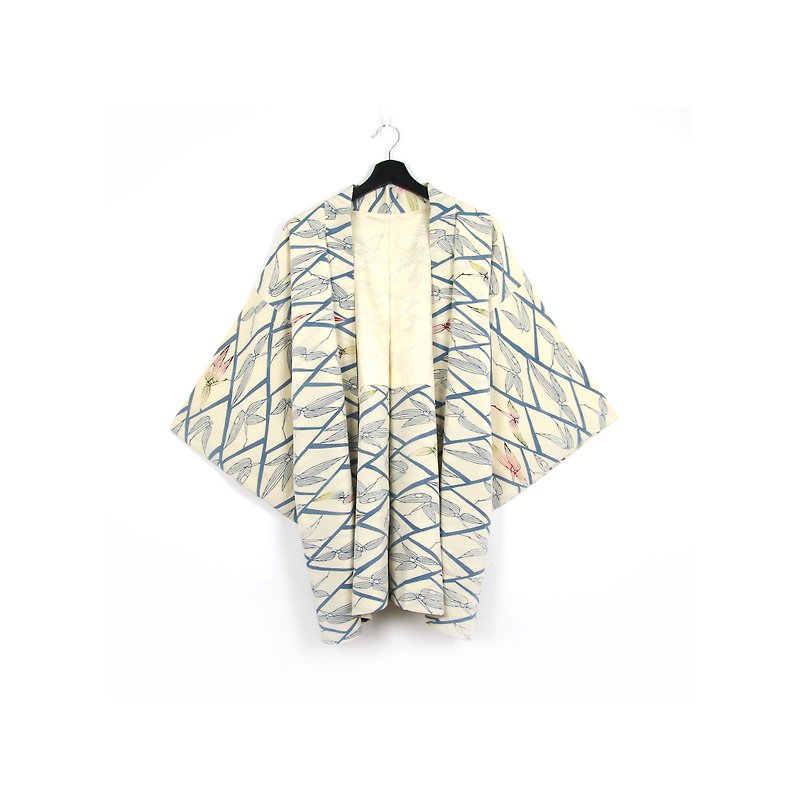 Back to Green-Japan with back feathers weave blue bamboo leaves / vintage kimono - Women's Casual & Functional Jackets - Silk 