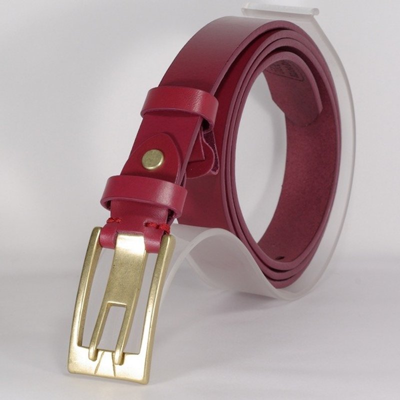 Handmade leather belt female leather narrow belt burgundy 2L free custom lettering service - เข็มขัด - หนังแท้ สีแดง