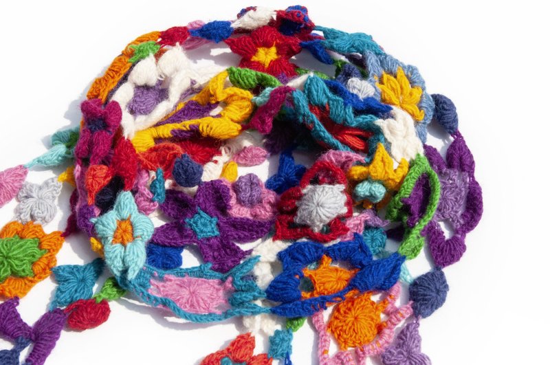 手工鉤織羊毛圍巾 花朵鉤織絲巾 鉤織圍巾 手工編織絲巾-生如夏花 - 圍巾/披肩 - 羊毛 多色