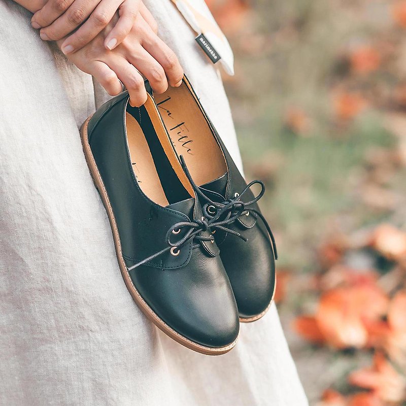 Round Toe Derby Shoes_ Black - รองเท้าลำลองผู้หญิง - หนังแท้ สีดำ