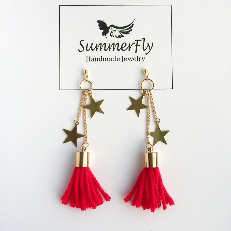 ❤️ New Year red star * desire money! [Auspicious meaning good! ] [❤️ simple temperament tassel earrings ear clip-on can be changed! ] - ต่างหู - งานปัก สีแดง