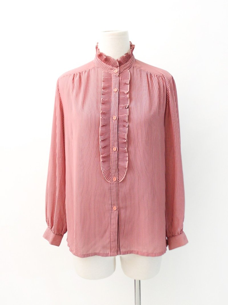 復古日本製胭脂粉條紋立領薄古著襯衫 Japanese Vintage Blouse - 女襯衫 - 聚酯纖維 粉紅色