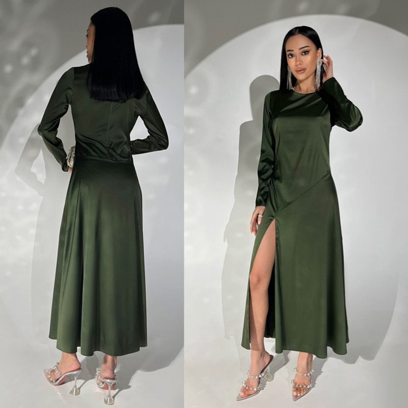 Dress Khaki Evening Dress Long Dress Elegant Special Occasion Wear Lady - ชุดเดรส - ผ้าไหม สีเขียว