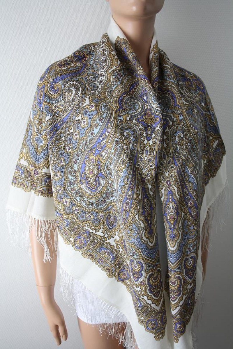 Pavlovo Posad Russian Shawl 100% Wool Scarf 125x125 cm Wrap Silk Fringe 1008-1 - 絲巾 - 羊毛 白色