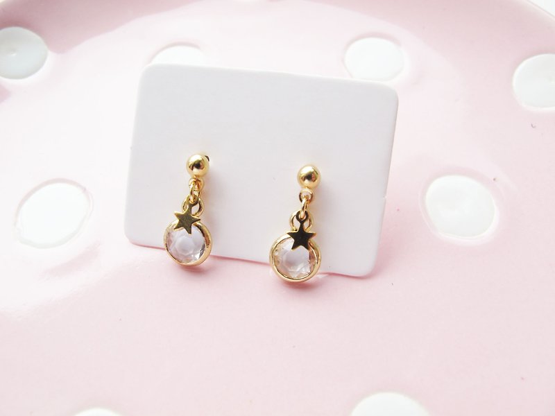 ＊Rosy Garden＊Clear white crystal little stars earrings - ต่างหู - โลหะ ขาว