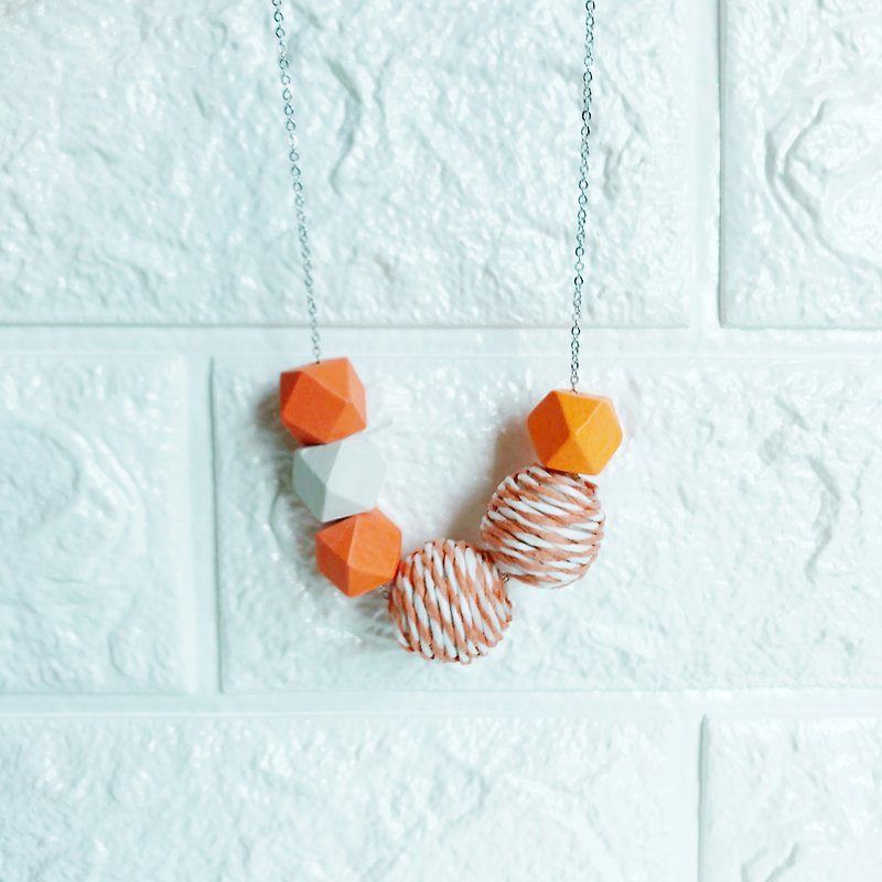 Orange White  Wooden Beans Necklace Birthday Gift Wedding BFF - สร้อยติดคอ - ไม้ สีส้ม