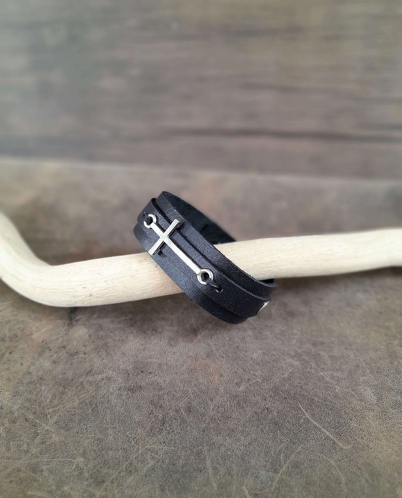 Mens Silver Cross Black Bracelet - Bracelets - Genuine Leather Black