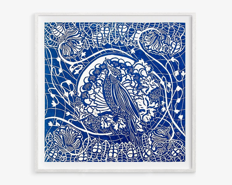 Dark blue botanical parrot Original artwork Linocut print floral wall art decor - Posters - Paper Blue