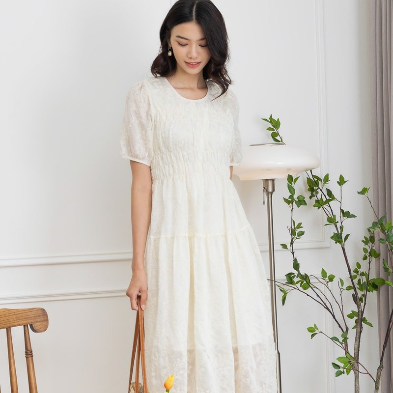 【MEDUSA】Romantic Embroidery Floral Lone Dress - ชุดเดรส - เส้นใยสังเคราะห์ ขาว