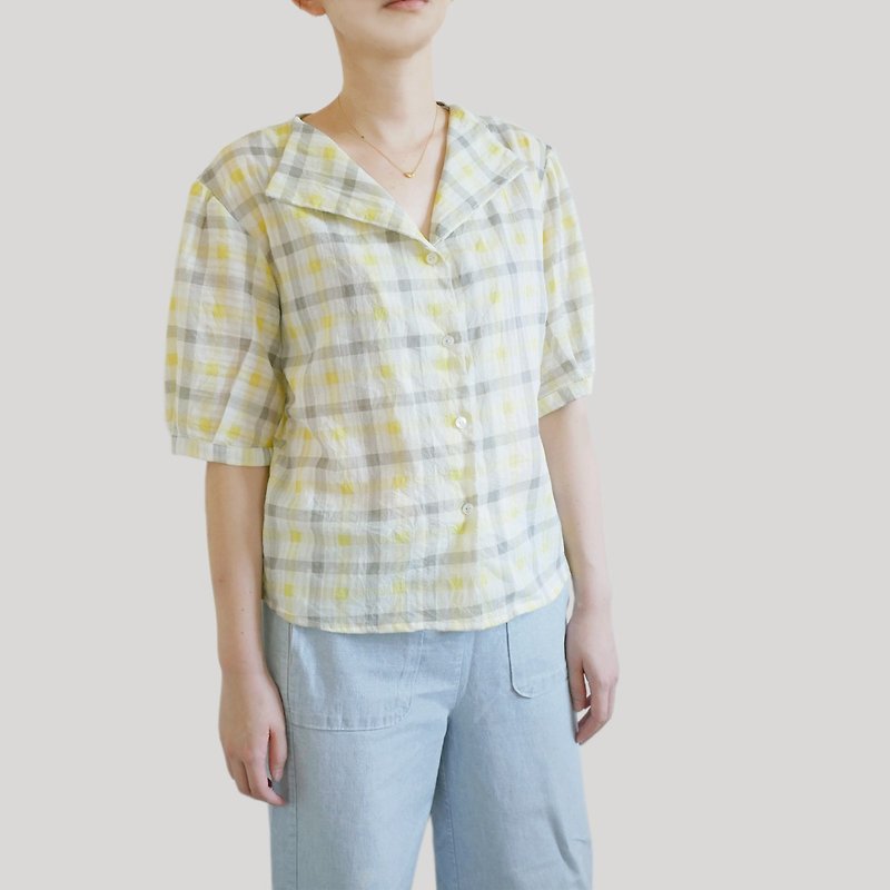 Yellow Grey Check Lapel Sleeve Shirt - Women's Shirts - Cotton & Hemp Multicolor