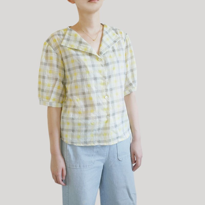 黃灰格紋翻領澎袖襯衫 - 女襯衫 - 棉．麻 多色