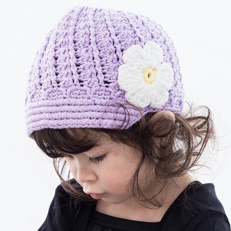 Cutie Bella hand-knitted hat Beret-Lilac/White Flower - Baby Hats & Headbands - Cotton & Hemp Purple
