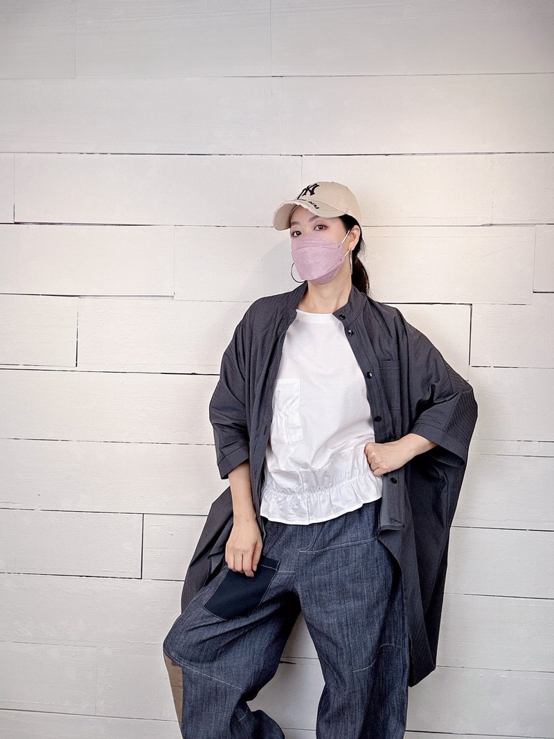 Gray herringbone pattern - short in front and long in back, umbrella-shaped long coat #T3067 - เสื้อแจ็คเก็ต - ผ้าฝ้าย/ผ้าลินิน สีเทา