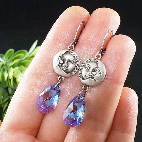 AGATIX Blue Lilac Swarovski Sun and Crescent Moon Celestial Silver Earrings Jewelry