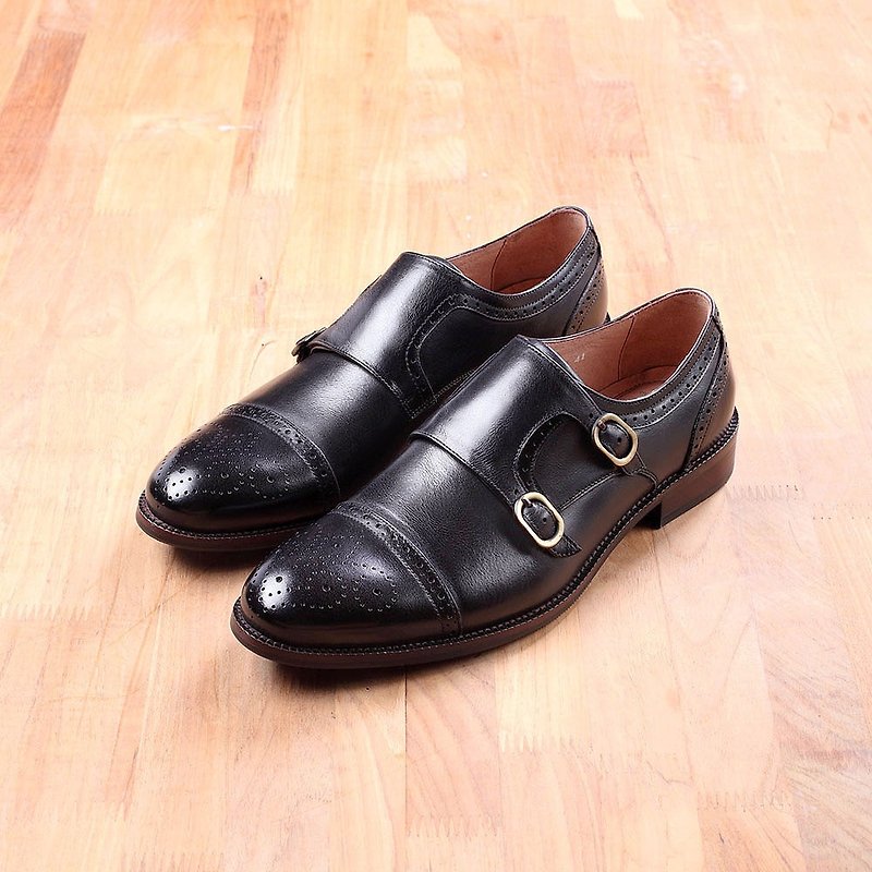 Vanger leather carved double buckle Monk shoes Va225 black - รองเท้าลำลองผู้ชาย - หนังแท้ สีดำ