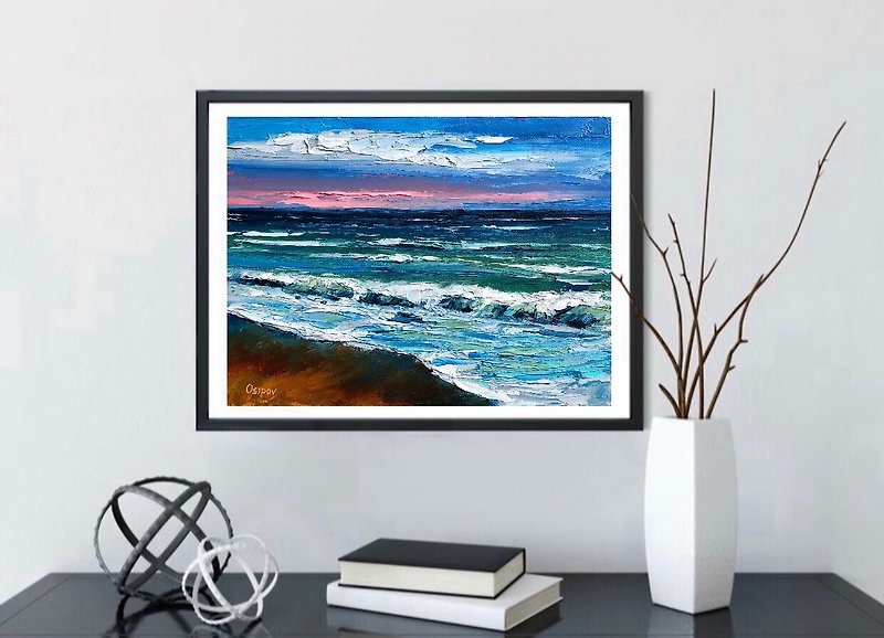 Original Seascape Oil Painting On Canvas Beach Ocean Blue Landscape Impasto Art - Wall Décor - Cotton & Hemp Multicolor