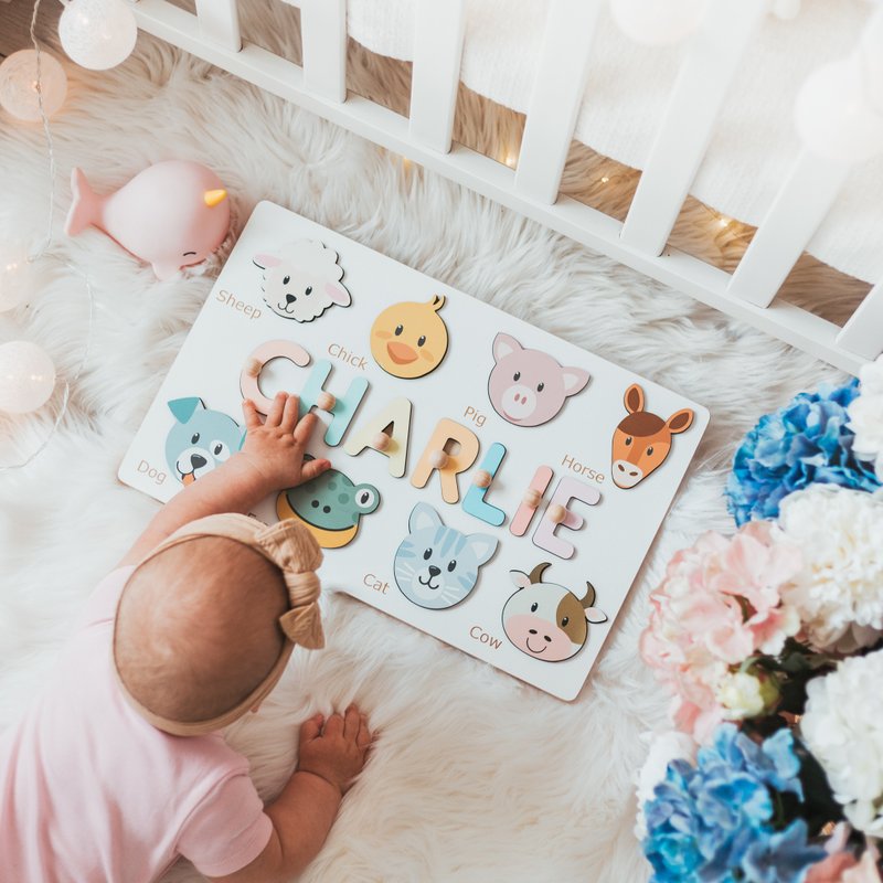 1st Birthday Gift, Name Puzzle with Animals, Toddler Montessori Toys - Kids' Toys - Wood 