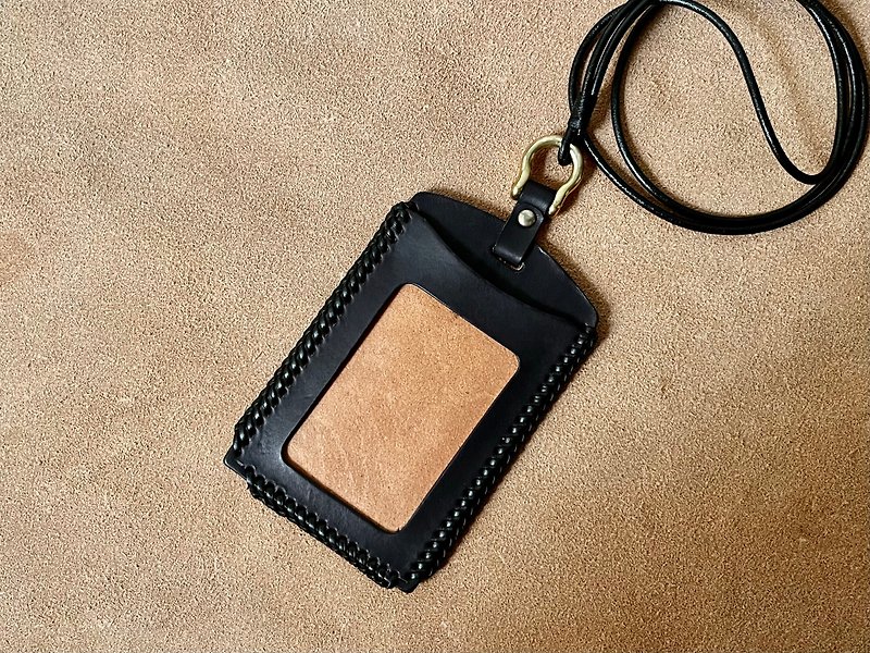 Yeebee-vegetable tanned cow leather woven identification card cover - ID & Badge Holders - Genuine Leather Black