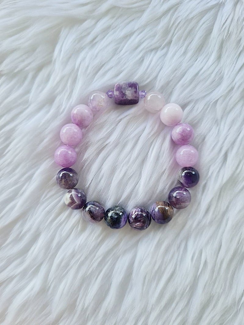 Genuine Stone bracelet, charoite, kunzite, chevron, lavender, amethyst, size 10 mm. - Bracelets - Stone Purple