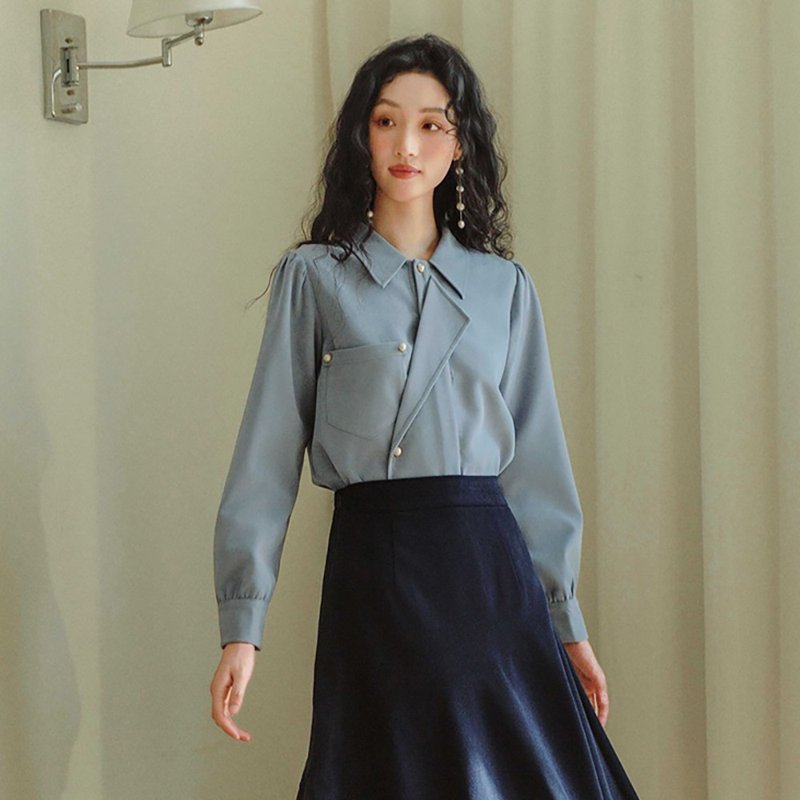 斜領藍色襯衫MYD25058 - 女襯衫 - 其他材質 藍色