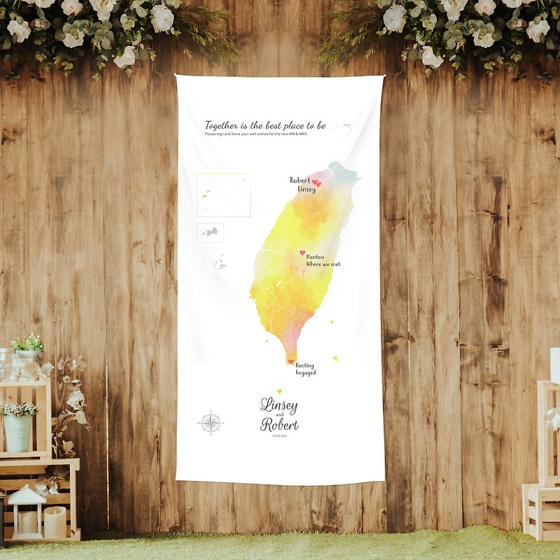 Customized wedding decoration-Taiwan map signature silk curtain. Our colorful Taiwan Dianhua coupons - ทะเบียนสมรส - เส้นใยสังเคราะห์ สีเหลือง