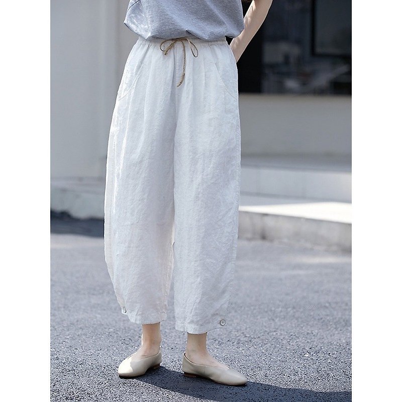 Salt White Linen Loose Casual Versatile Wide Leg Pants Retro Carrot Pants - กางเกงขายาว - ผ้าฝ้าย/ผ้าลินิน 