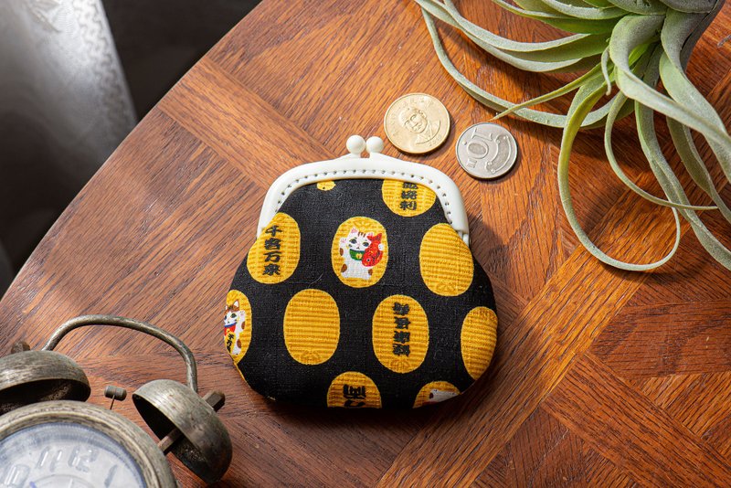 【金幣招財貓】零錢包#小口金包#可愛#收納#復古 - 零錢包/小錢包 - 棉．麻 黑色