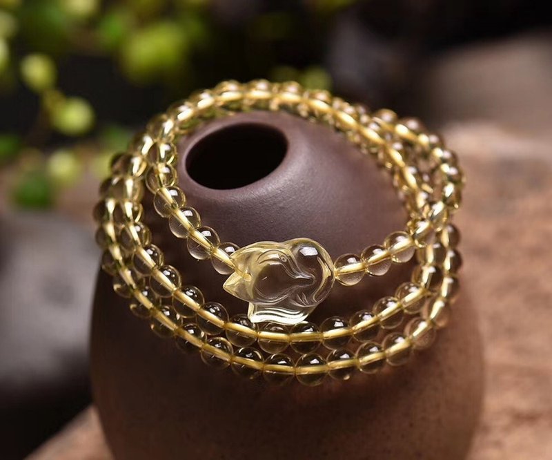精品純天然巴西黃水晶手工雕小狐狸三圈手鏈 配6MM黃水晶珠鏈 - 手鍊/手環 - 水晶 
