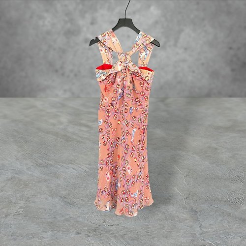 蘿綺莉蕾芭索 二手 暗粉紅色 薄紗 彩色印花 拼接 綁結 傘裙 洋裝 PF505