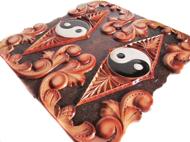 Backgammon Yin Yang Handmade Wood Carving Wooden Carved Beautiful Patterns Fa - บอร์ดเกม - ไม้ สีนำ้ตาล