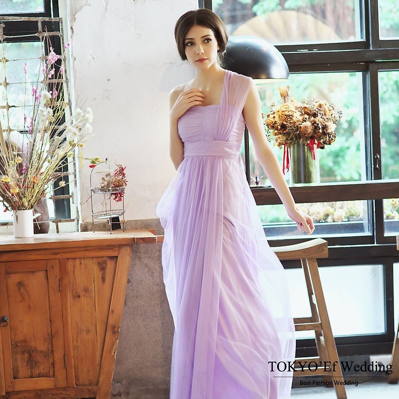 One fold Tokyo clothes psychedelic mosaic one-shoulder mesh pleated long gown pink/purple - ชุดราตรี - ผ้าไหม 
