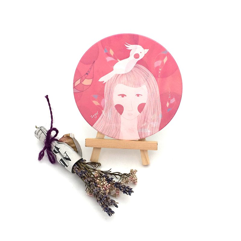 Girl with her sunbird ceramic absorbent coaster - ที่รองแก้ว - เครื่องลายคราม สึชมพู