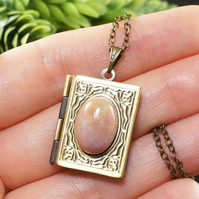Beige Indian Agate Rectangle Book Photo Locket Keepsake Pendant Necklace Jewelry - 項鍊 - 半寶石 金色