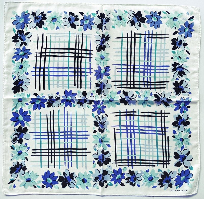Burberry Vintage Scarf Blue Floral Print Gift for Her 23.5 x 22.5 inches - Scarves - Cotton & Hemp Blue