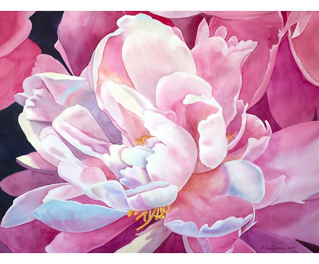 牡丹水彩画花オリジナルアート花の壁アートピンクアート - ショップ 